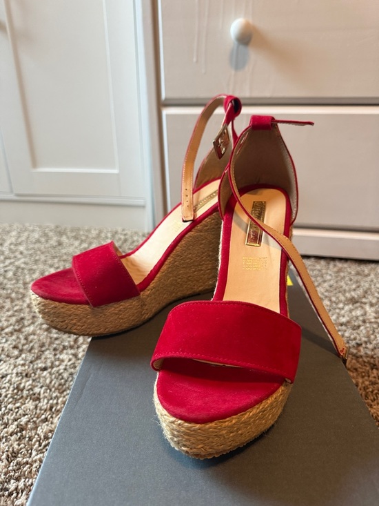 Shoes - Red Platform Wedge Sandals with Ankle Strap